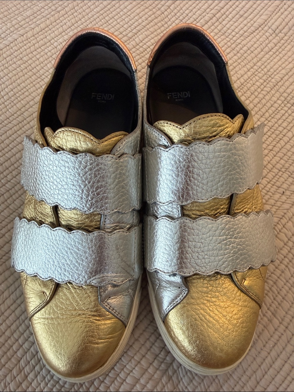 Fendi Women's Gold & Silver Scalloped Leather Strap Sneakers